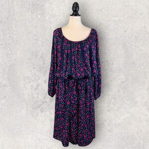 Vicky Tiel Blue Off Shoulder Dress Pink Heart Print Lace Trim Sleeve, Size 1X